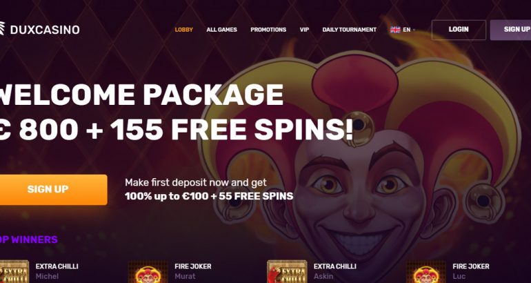 DuxCasino giving you €800 Welcome Bonus and 155 free spins