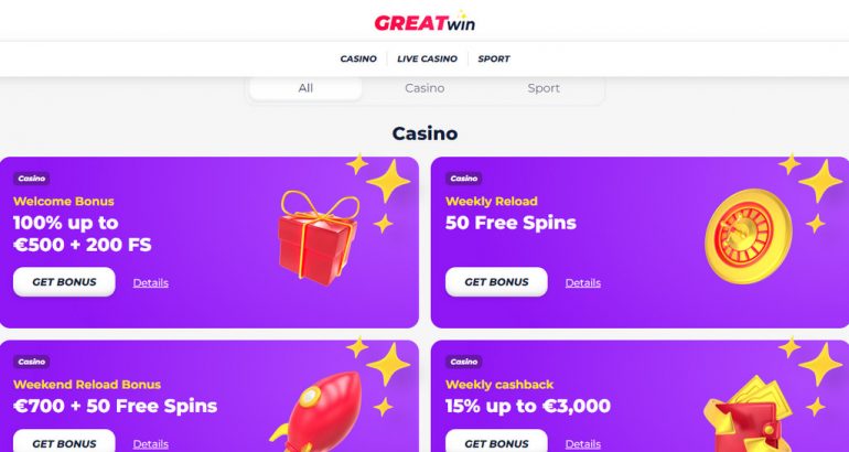 €500 Casino Bonus and 200 free spins waiting on GreatWin Casino